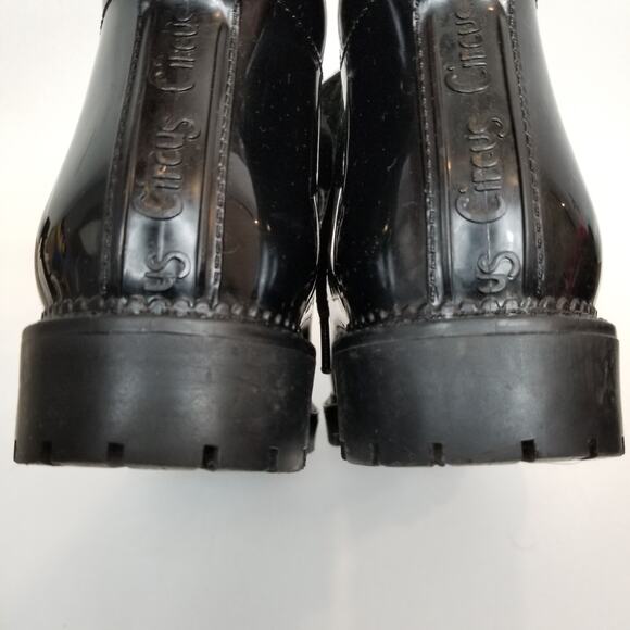 Circus by Sam Edelman Women's Black Lace Up Lug Sole Shiny Rubber Rain Boots 9 - Picture 9 of 11